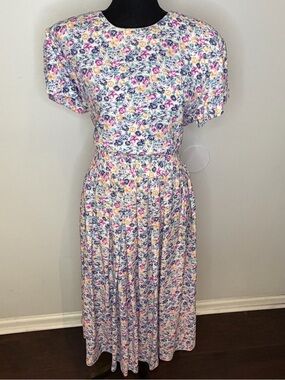 Vintage Karin Stevens Floral Cottagecore Button Back Puff Sleeve Dress - Size 16